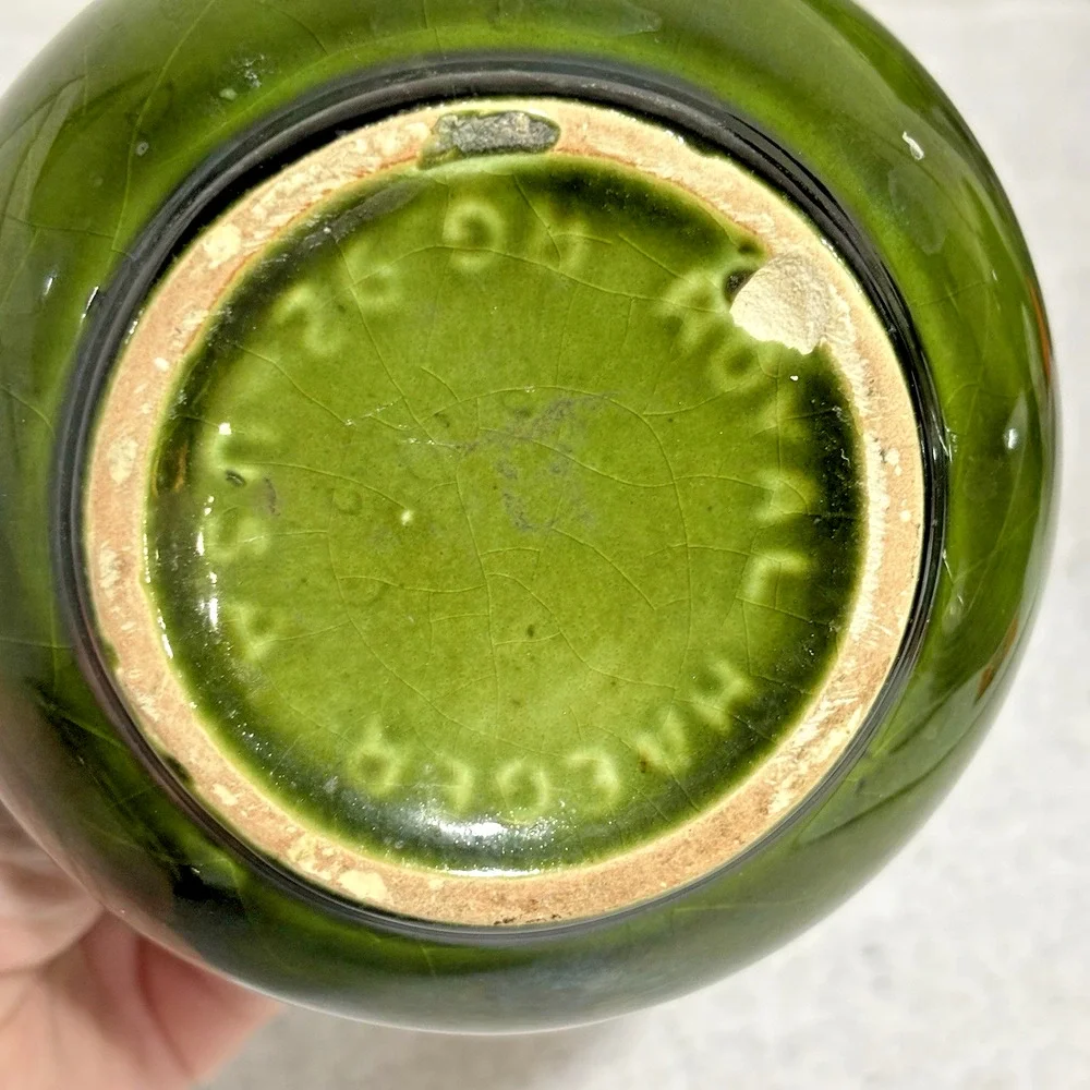 Vintage Haegar Pottery Vase Jug Ewer Handle Mid Century Green Agate Yellow Drip